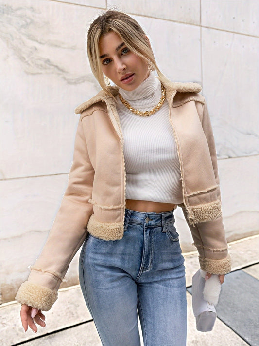 Sixsr Fuzzy Trim Fall & Winter Coat, Casual Zip Up Long Sleeve Outerwear, Women's Clothing