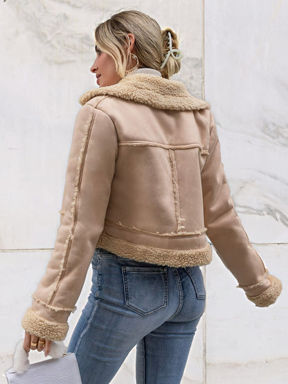 Sixsr Fuzzy Trim Fall & Winter Coat, Casual Zip Up Long Sleeve Outerwear, Women's Clothing