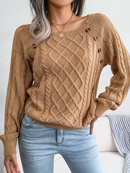 Cozy Women's Sweater with Textured Button Lantern Sleeves