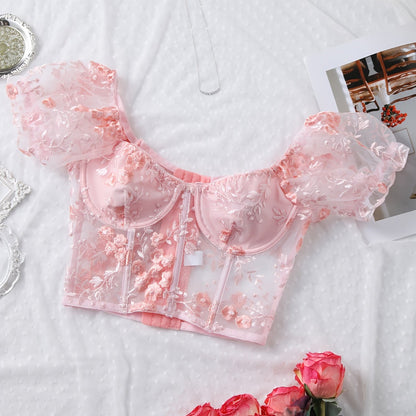 Sixsr Hot Floral Embroidery Bustier, Puff Sleeve Fishbone Bustier, Women's Sexy Lingerie & Underwear