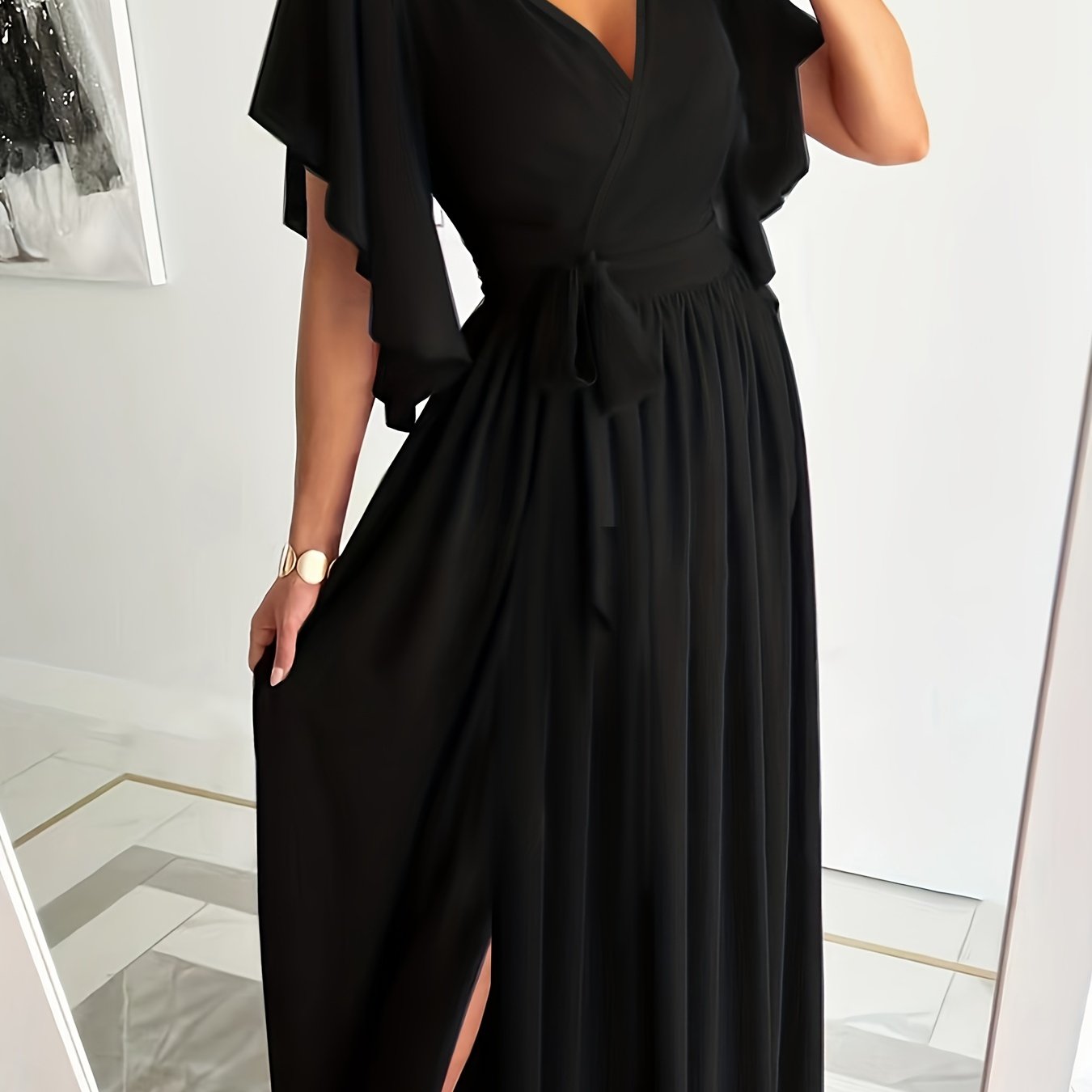 Elegant Plus Size Maxi Dress with Ruffle Sleeves and High Split Hem - Perfect for Special Occasions