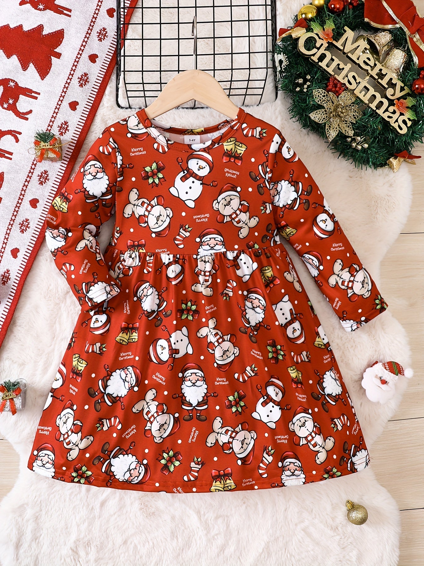 Adorable Reindeer Graphic Crew Neck Long Sleeve Dress for Kids - Soft, Comfortable, and Stylish Fall Christmas Outfit for Girls - Perfect for Holiday Parties and Casual Wear