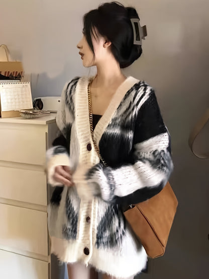 Sixsr Graphic Pattern Button Down Knit Cardigan, Casual Long Sleeve Loose Cozy Sweater For Fall & Winter, Women's Clothing