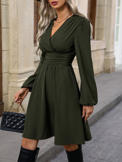 Sixsr Solid Surplice Neck Dress, Elegant Lantern Sleeve Dress, Women's Clothing