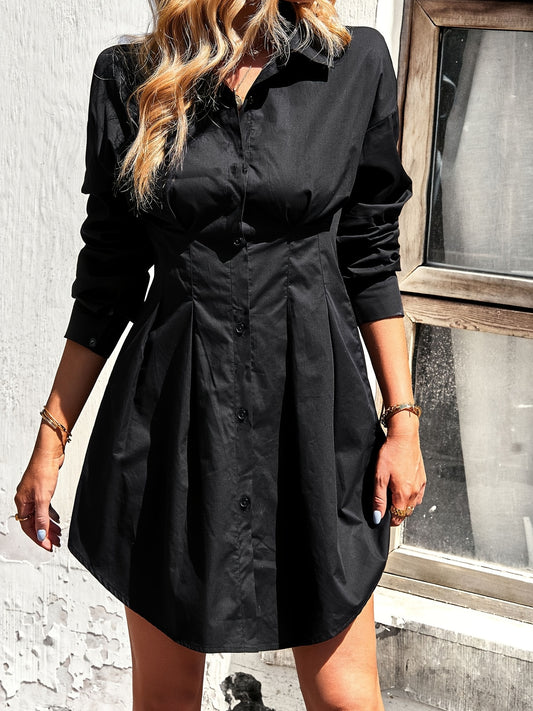 Sixsr Button Front Tucked Shirt Dress, Stylish Cuff Sleeve Lapel Dress For Spring & Fall, Women's Clothing