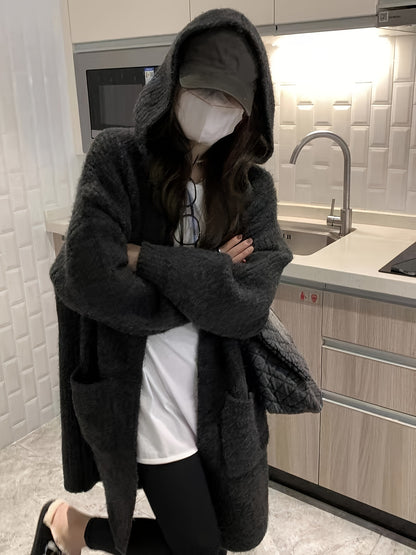 Sixsr Solid Open Front Hooded Cardigan, Versatile Long Sleeve Patched Pockets Cardigan For Fall & Winter, Women's Clothing
