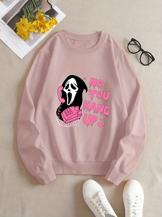 Sixsr Plus Size Halloween Casual Sweatshirt, Women's Plus Skull & Slogan Print Long Sleeve Round Neck Slight Stretch Sweatshirt