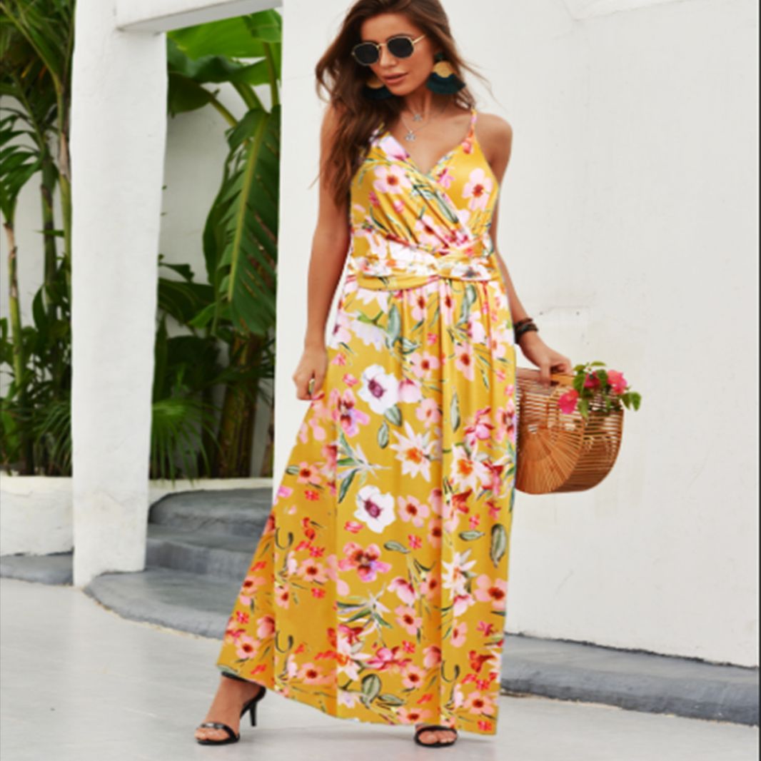 spring and summer new women's clothing  New  fashion suspender printed beach dress women