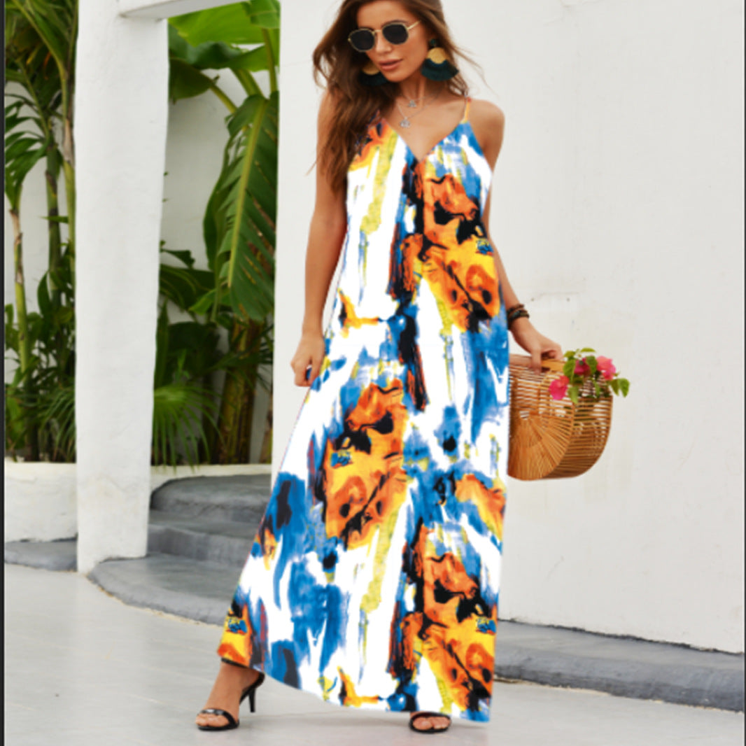 spring and summer new women's clothing  New  fashion suspender printed beach dress women