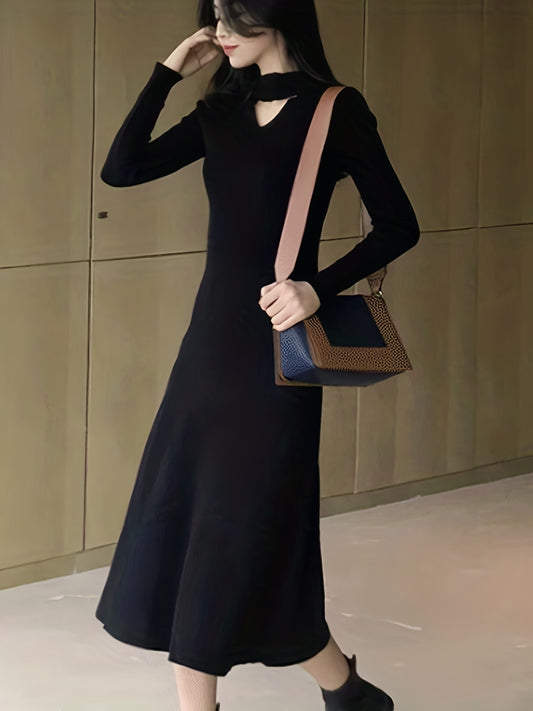 Sixsr Keyhole Solid Dress, Casual Long Sleeve Simple Midi Dress, Women's Clothing