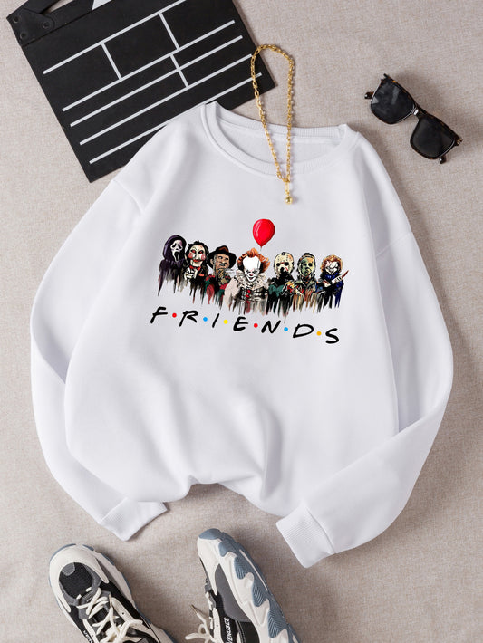 Sixsr Horror Characters Friends Graphic Print Round Neck Long Sleeve Pullover, Casual Drop Shoulder Comfy Sweatshirt, Women's Clothing