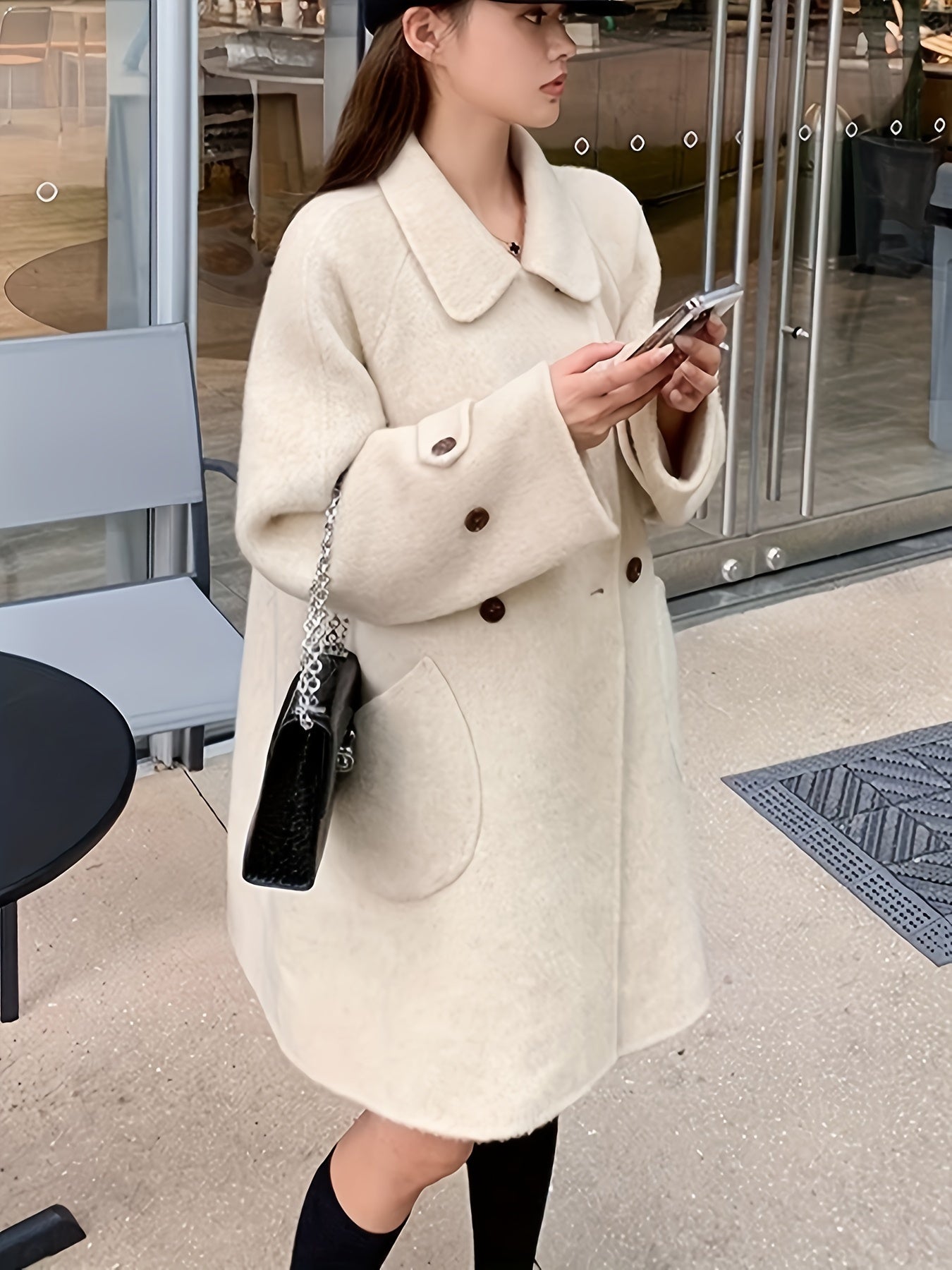 Sixsr Solid Double Breasted Pockets Overcoat, Elegant Long Sleeve Outwear For Fall & Winter, Women's Clothing