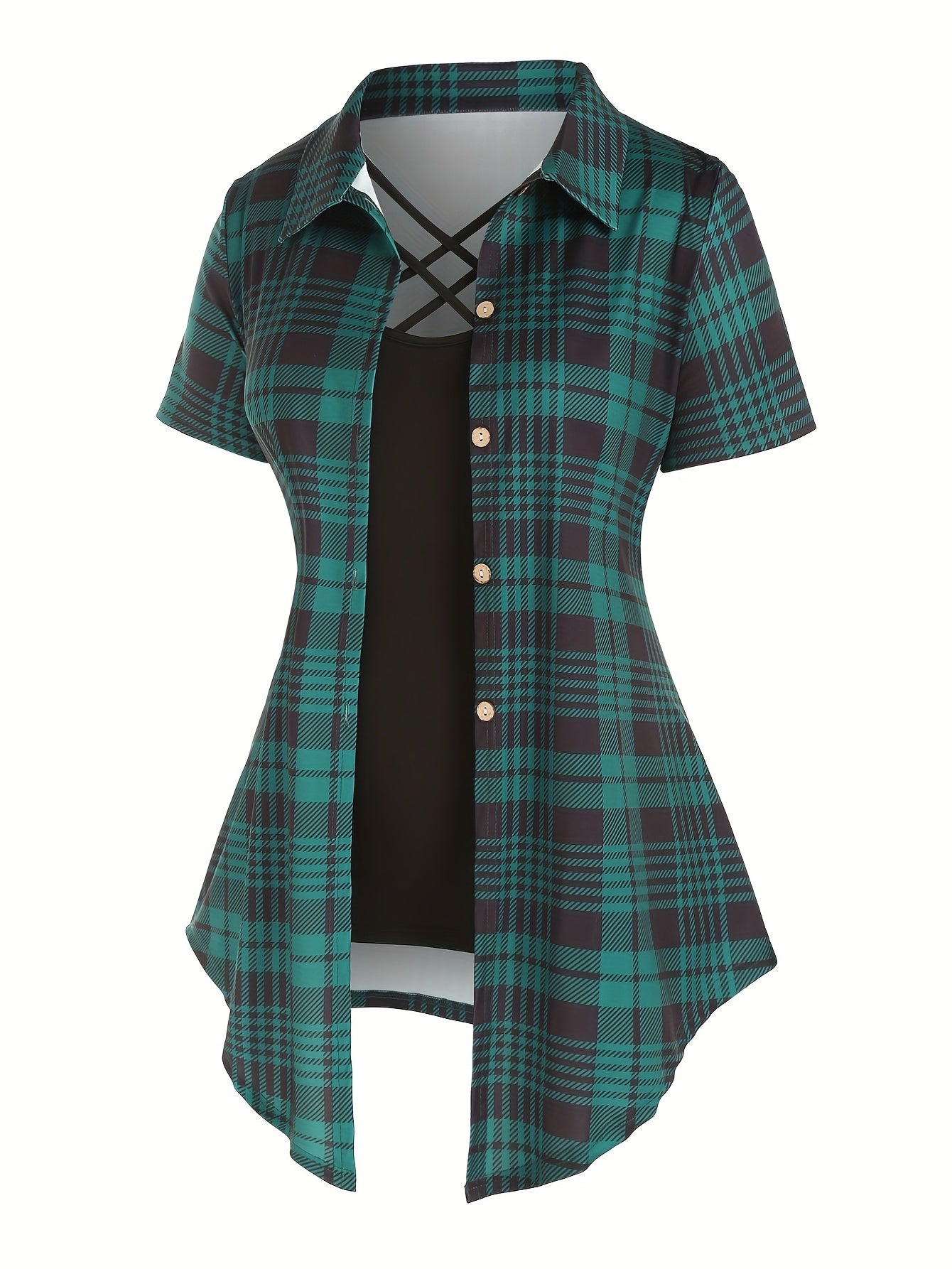 Women's Plaid Print Button Front Shirt and Solid Slim Cami Top Set - Perfect for Casual Summer Outfits