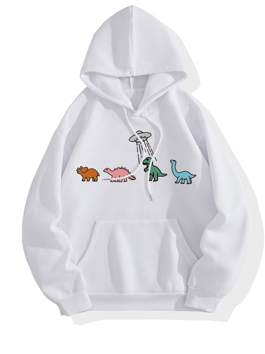 Sixsr Plus Size Casual Sweatshirt, Women's Plus Dinosaur Print Long Sleeve Drawstring Hoodie With Pockets