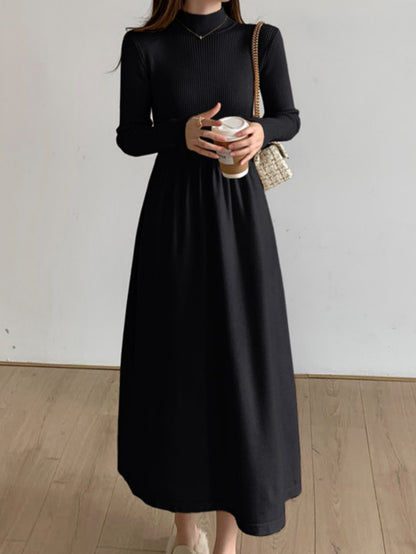 Sixsr Ribbed Solid Color Dress, Elegant Mock Neck Long Sleeve Dress, Women's Clothing