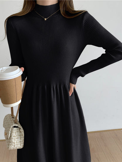 Sixsr Ribbed Solid Color Dress, Elegant Mock Neck Long Sleeve Dress, Women's Clothing