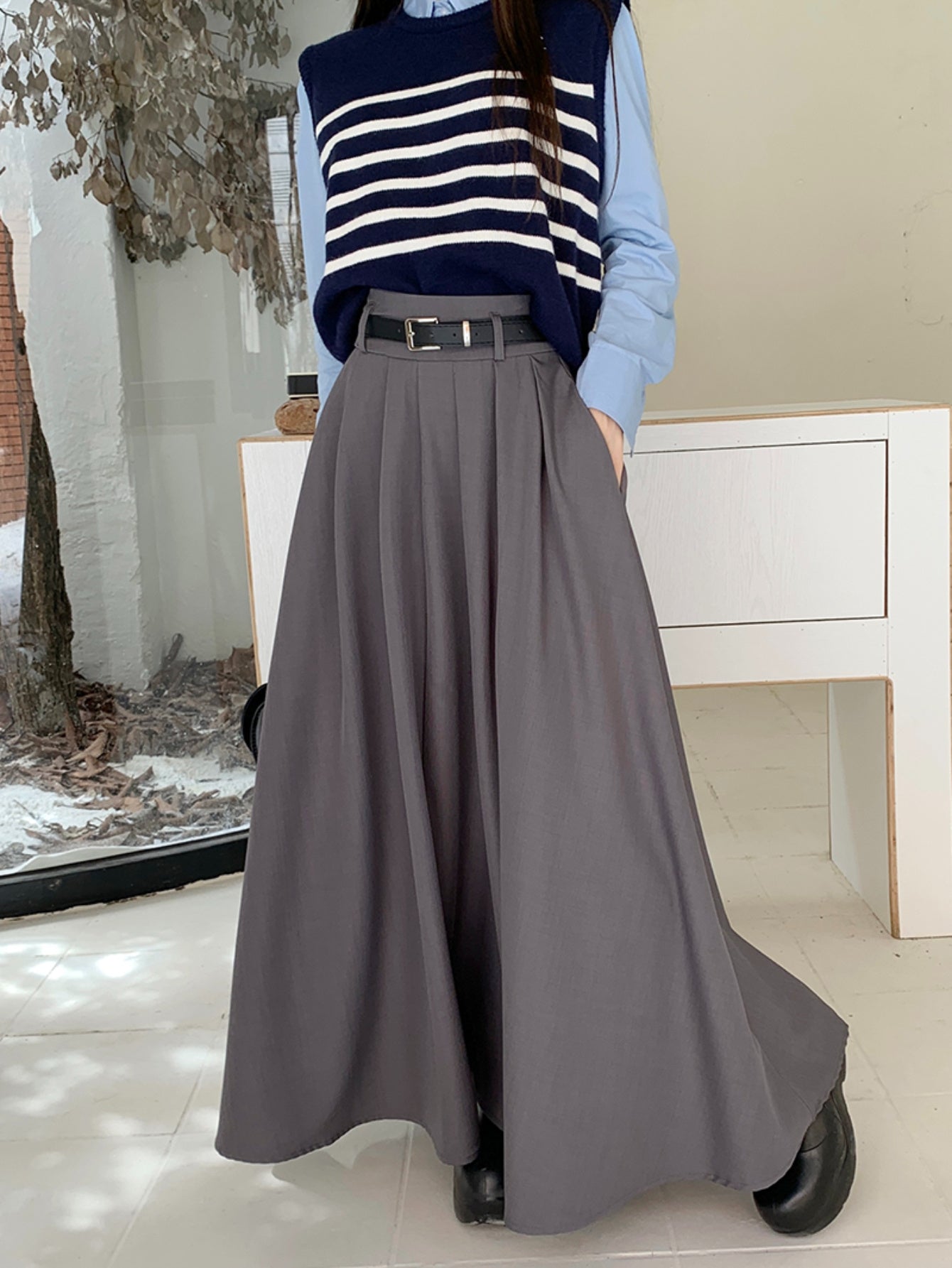 Sixsr Maxi Length Belt Skirt, Elegant Solid Color A-line Skirt, Women's Clothing
