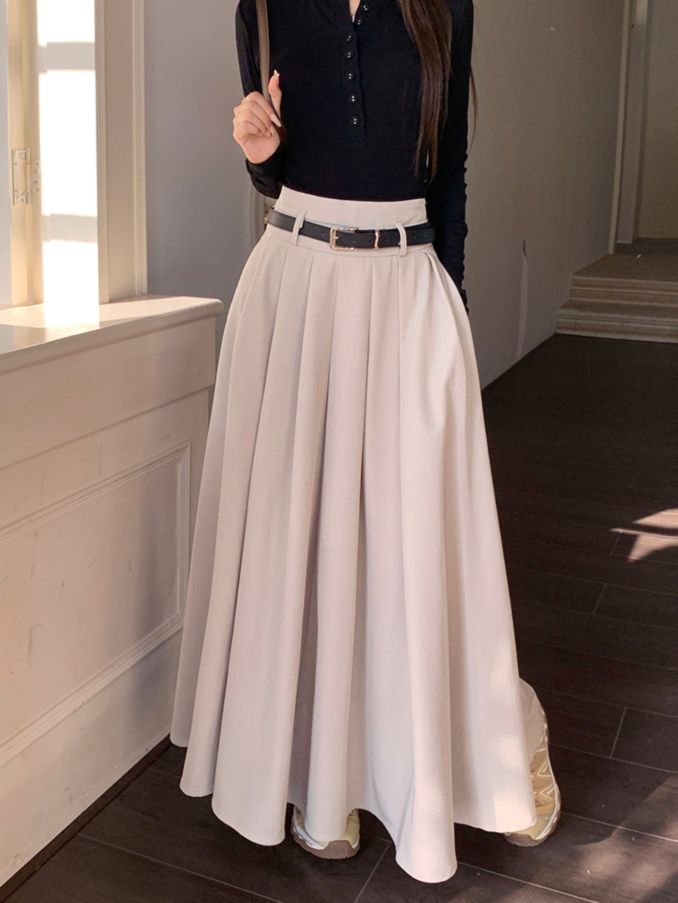 Sixsr Maxi Length Belt Skirt, Elegant Solid Color A-line Skirt, Women's Clothing