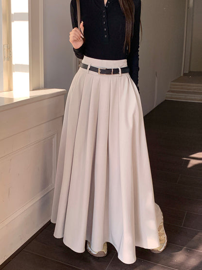 Sixsr Maxi Length Belt Skirt, Elegant Solid Color A-line Skirt, Women's Clothing