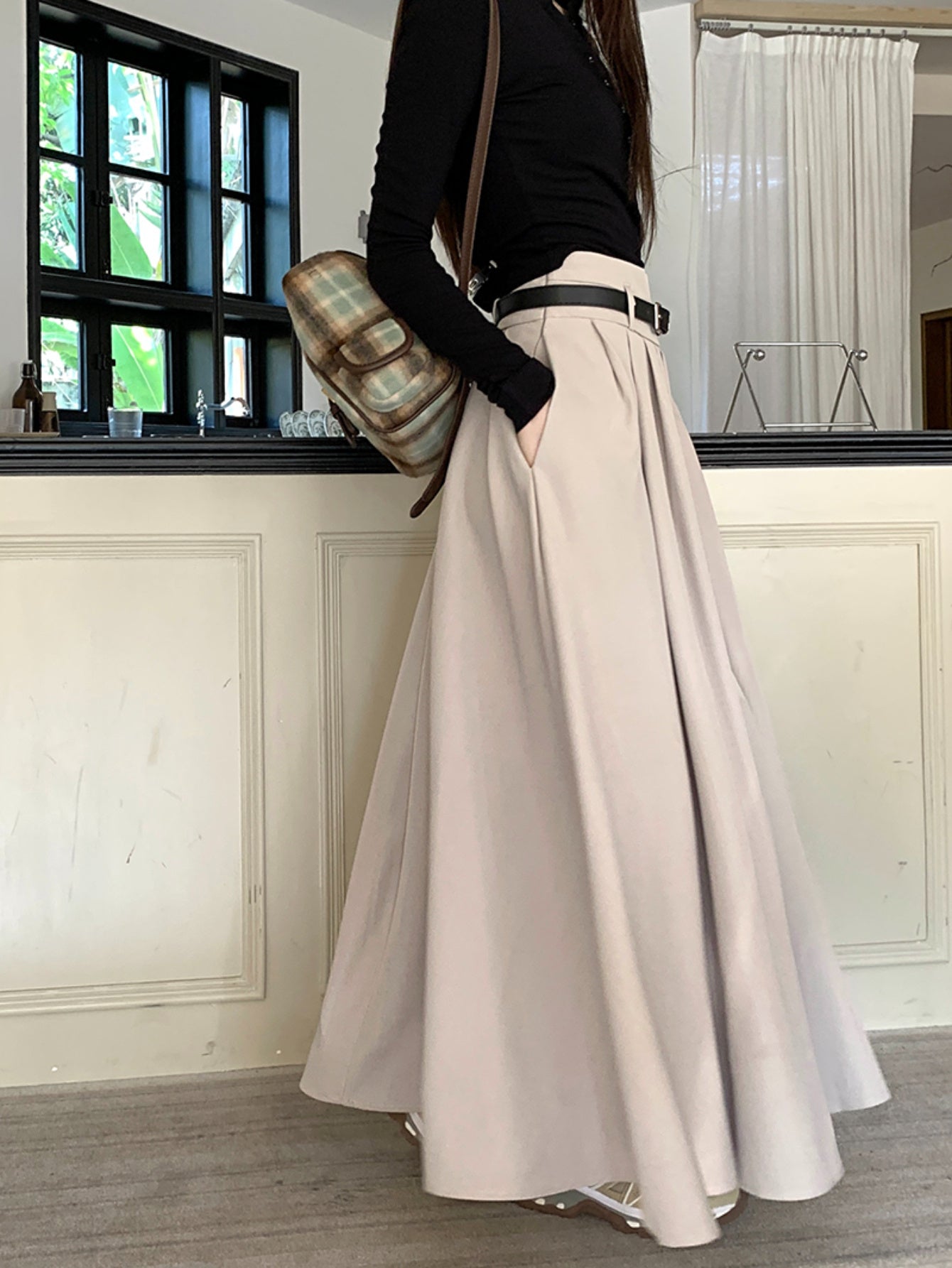 Sixsr Maxi Length Belt Skirt, Elegant Solid Color A-line Skirt, Women's Clothing