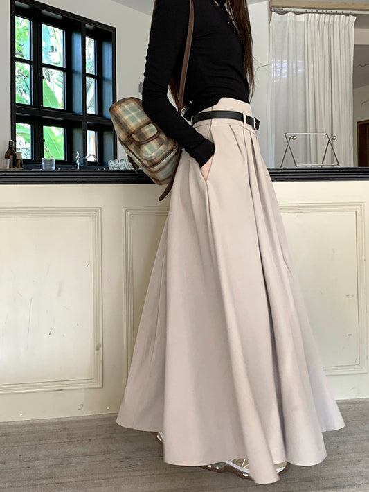 Sixsr Maxi Length Belt Skirt, Elegant Solid Color A-line Skirt, Women's Clothing