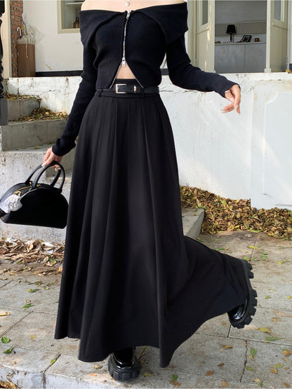 Sixsr Maxi Length Belt Skirt, Elegant Solid Color A-line Skirt, Women's Clothing