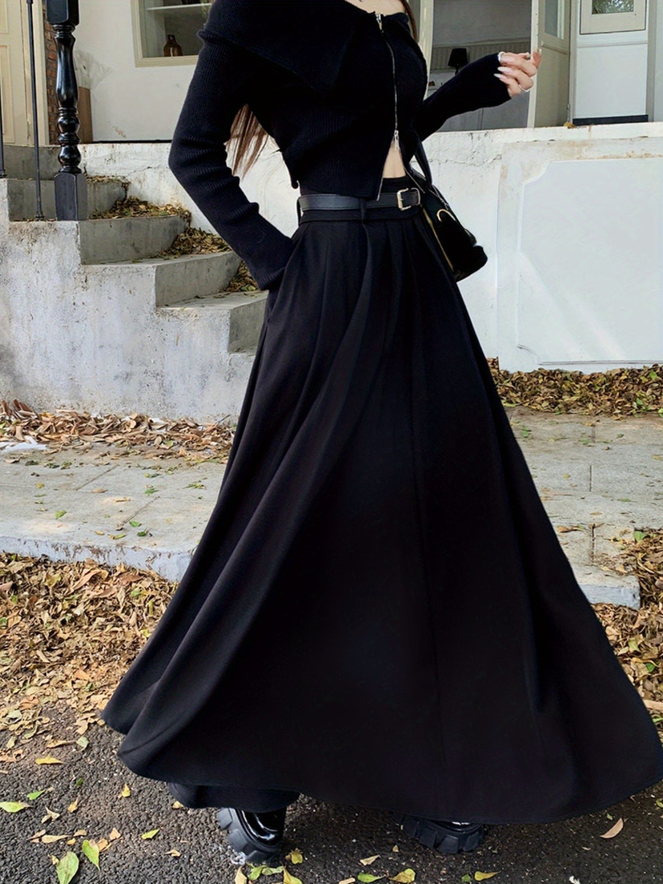 Sixsr Maxi Length Belt Skirt, Elegant Solid Color A-line Skirt, Women's Clothing