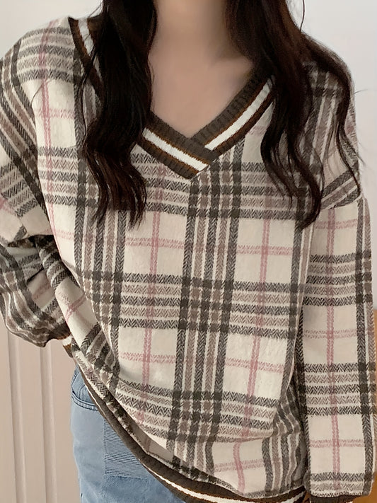 Sixsr Plaid V Neck Pullover Sweater, Casual Long Sleeve Loose Sweater For Fall & Winter, Women's Clothing