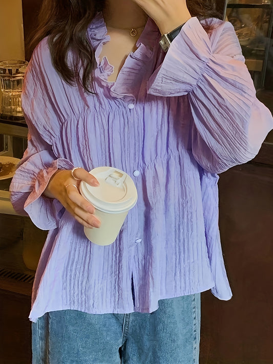 Sixsr Solid Ruffle Trim Button Front Blouse, Sweet Long Sleeve Blouse For Spring & Fall, Women's Clothing