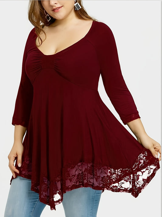 Sixsr Plus Size Floral Jacquard Contrast Lace Solid Tops, Women's Plus Round Neck Long Sleeve Elegant Top