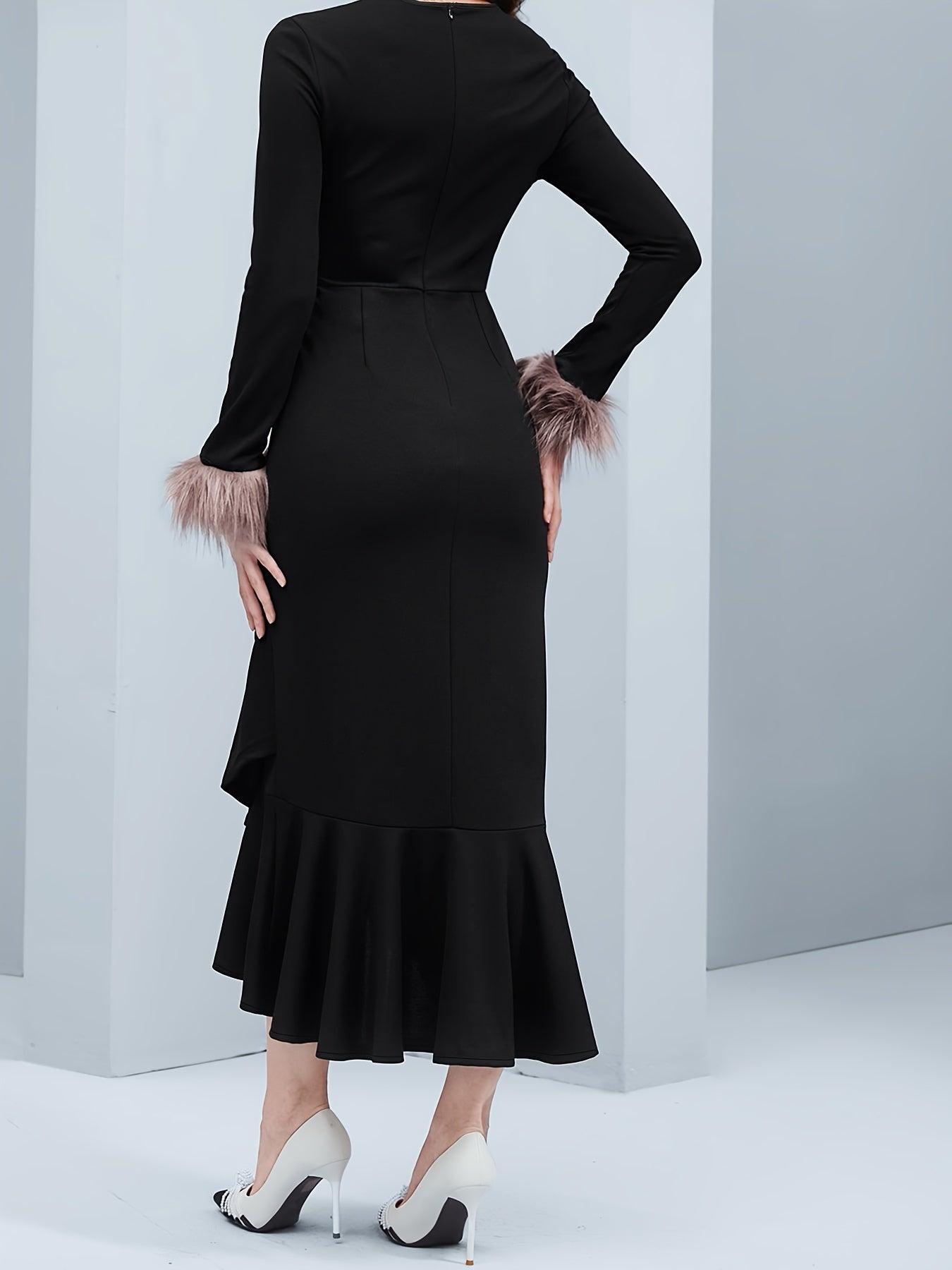 Sixsr Slim Notch Neck Fishtail Dress, Elegant Solid Long Sleeve Dress For Party & Banquet, Women's Clothing