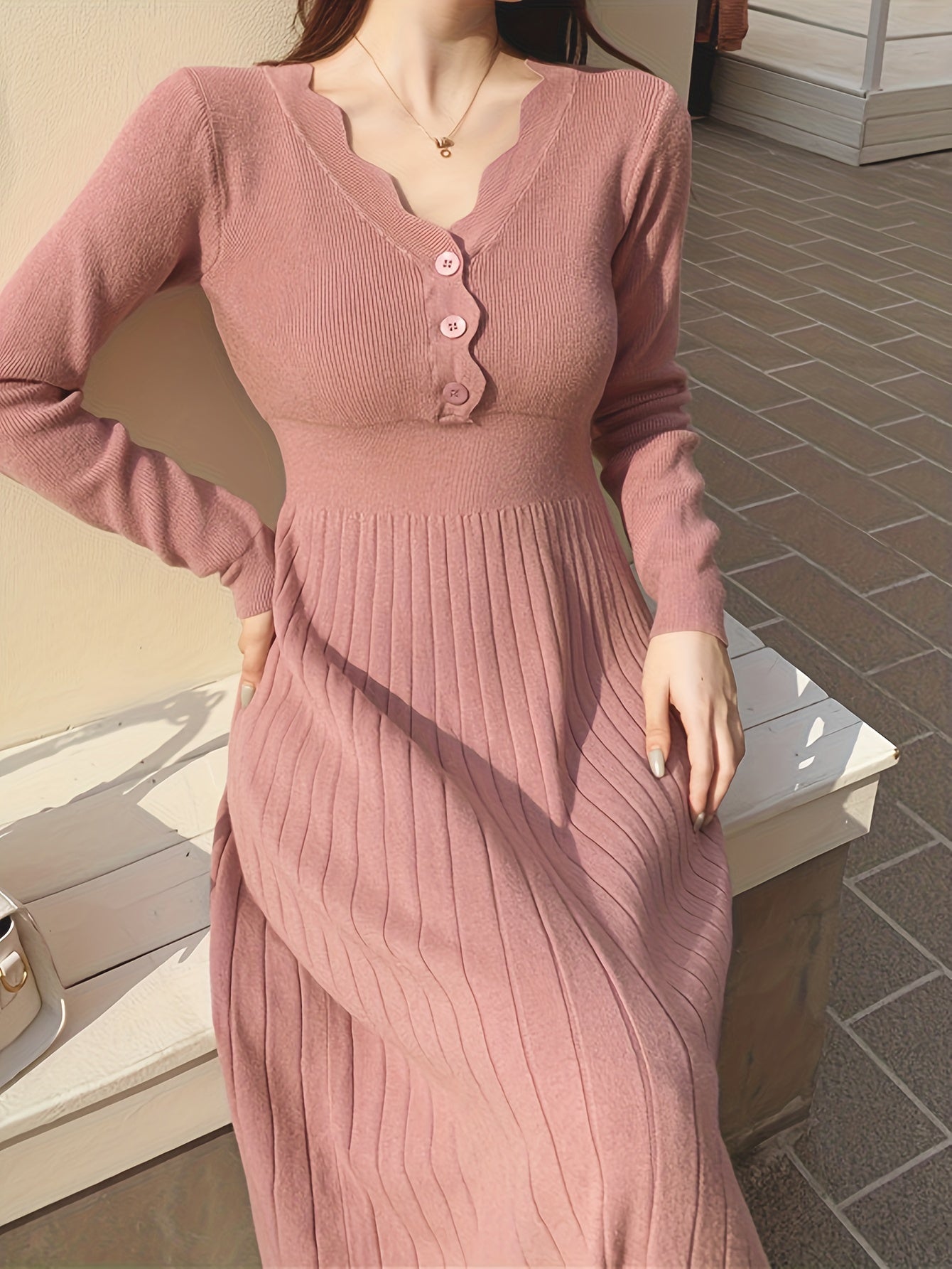 Sixsr Button Front V-neck Sweater Dress, Solid Long Sleeve Dress, Women's Clothing