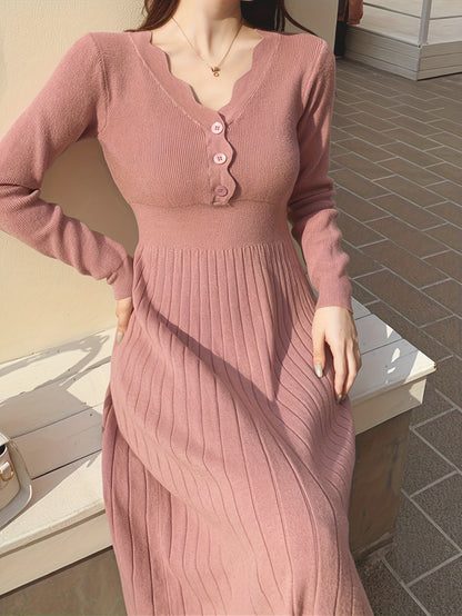 Sixsr Button Front V-neck Sweater Dress, Solid Long Sleeve Dress, Women's Clothing