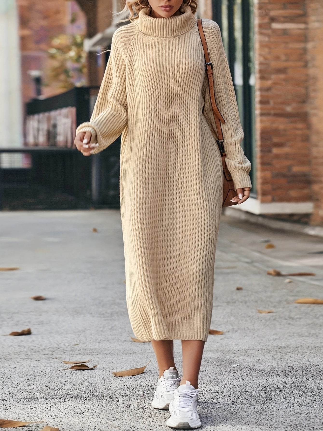 Sixsr Turtleneck Ribbed Sweater Dress, Casual Solid Long Sleeve Midi Dress, Women's Clothing