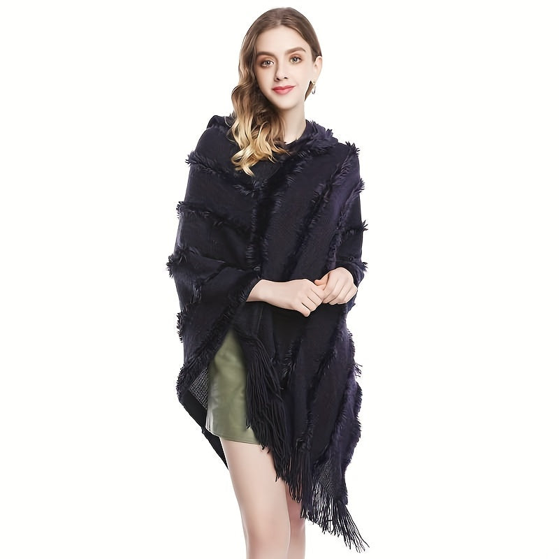 Sixsr Loose Knit Hooded Pullover Poncho Large Solid Color Batwing Tassel Shawl Autumn Winter Travel Outside Windproof Cape