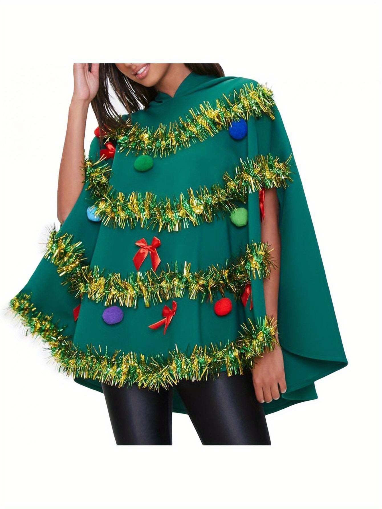 Christmas Tree Poncho Costume for Women Bow Ball Decor Hooded Cloak Cape Party Prop for Cosplay Party