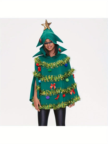 Christmas Tree Poncho Costume for Women Bow Ball Decor Hooded Cloak Cape Party Prop for Cosplay Party