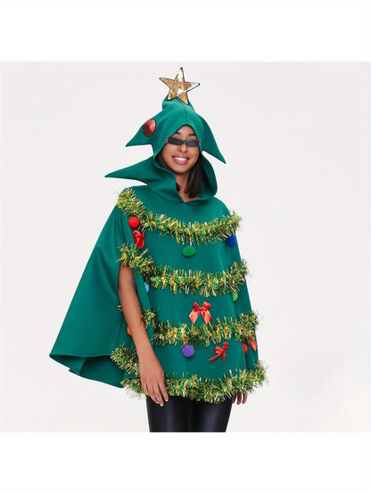 Christmas Tree Poncho Costume for Women Bow Ball Decor Hooded Cloak Cape Party Prop for Cosplay Party