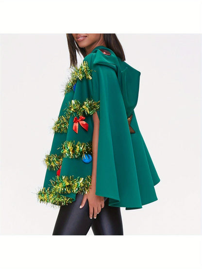 Christmas Tree Poncho Costume for Women Bow Ball Decor Hooded Cloak Cape Party Prop for Cosplay Party