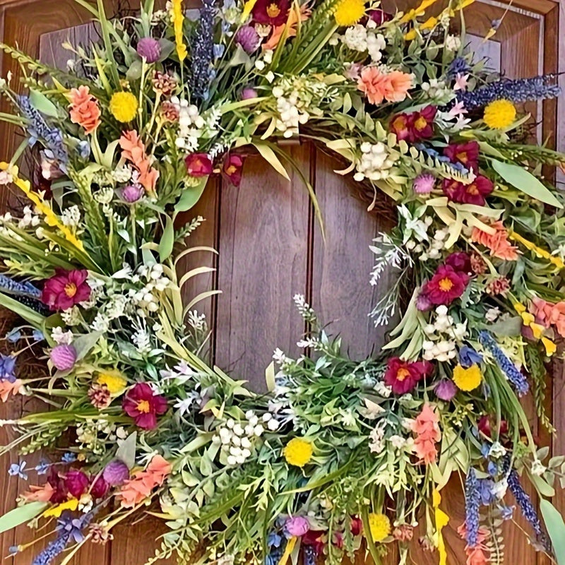 Tooluck Wildflower Wreath Spring Summer Wreath Front Door Simulated Dried Flower Wreath Buttercups Fresh Greenery Perpetual Flowers