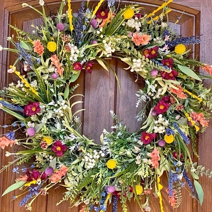 Tooluck Wildflower Wreath Spring Summer Wreath Front Door Simulated Dried Flower Wreath Buttercups Fresh Greenery Perpetual Flowers