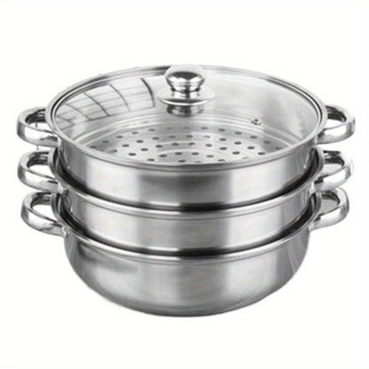 3-Tier Stackable Stainless Steel Multipot Set - Premium Cookware for Vegetable & Pasta Steaming, Double Handle, Glass Lid, Transparent Double Boiler Stock Pot for Healthy Cooking
