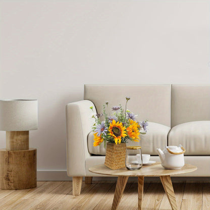 Leftover Fake Sunflowers in Wicker Vase, Sunflowers Artificial Flowers in Vase, Silk Fake Flowers with Vase, Table Centerpiece Decor, Faux Flowers Arrangement for Home Kitchen, Dining Living Room