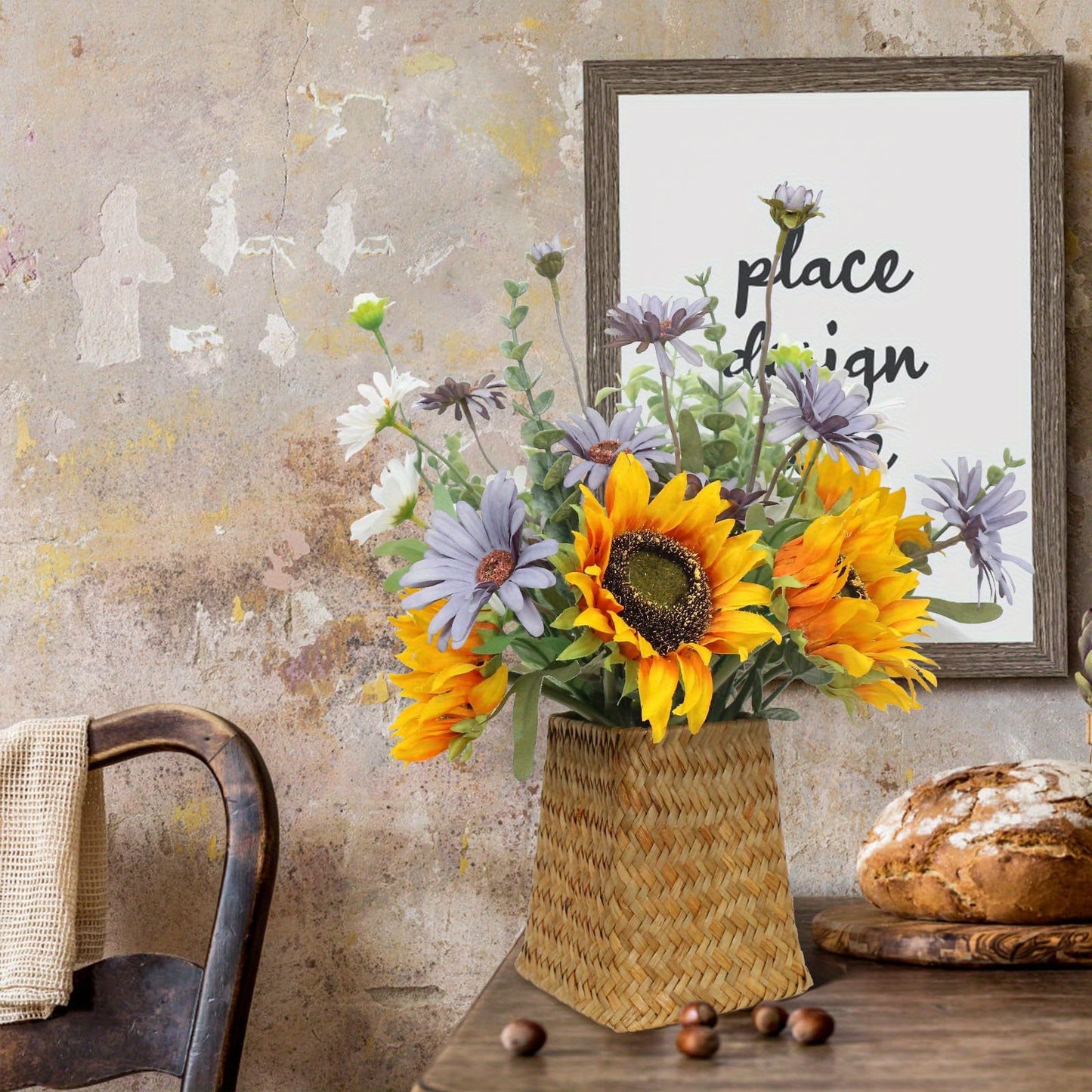 Leftover Fake Sunflowers in Wicker Vase, Sunflowers Artificial Flowers in Vase, Silk Fake Flowers with Vase, Table Centerpiece Decor, Faux Flowers Arrangement for Home Kitchen, Dining Living Room