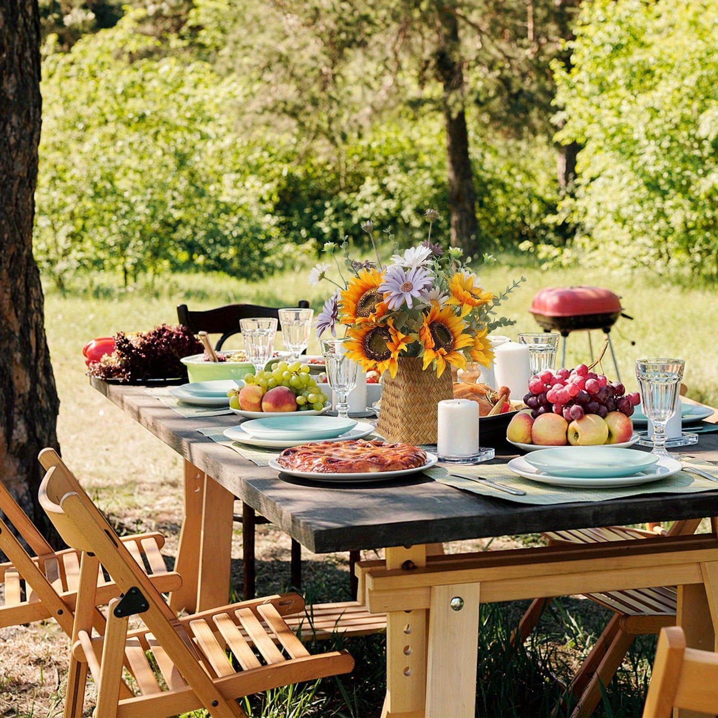 Leftover Fake Sunflowers in Wicker Vase, Sunflowers Artificial Flowers in Vase, Silk Fake Flowers with Vase, Table Centerpiece Decor, Faux Flowers Arrangement for Home Kitchen, Dining Living Room