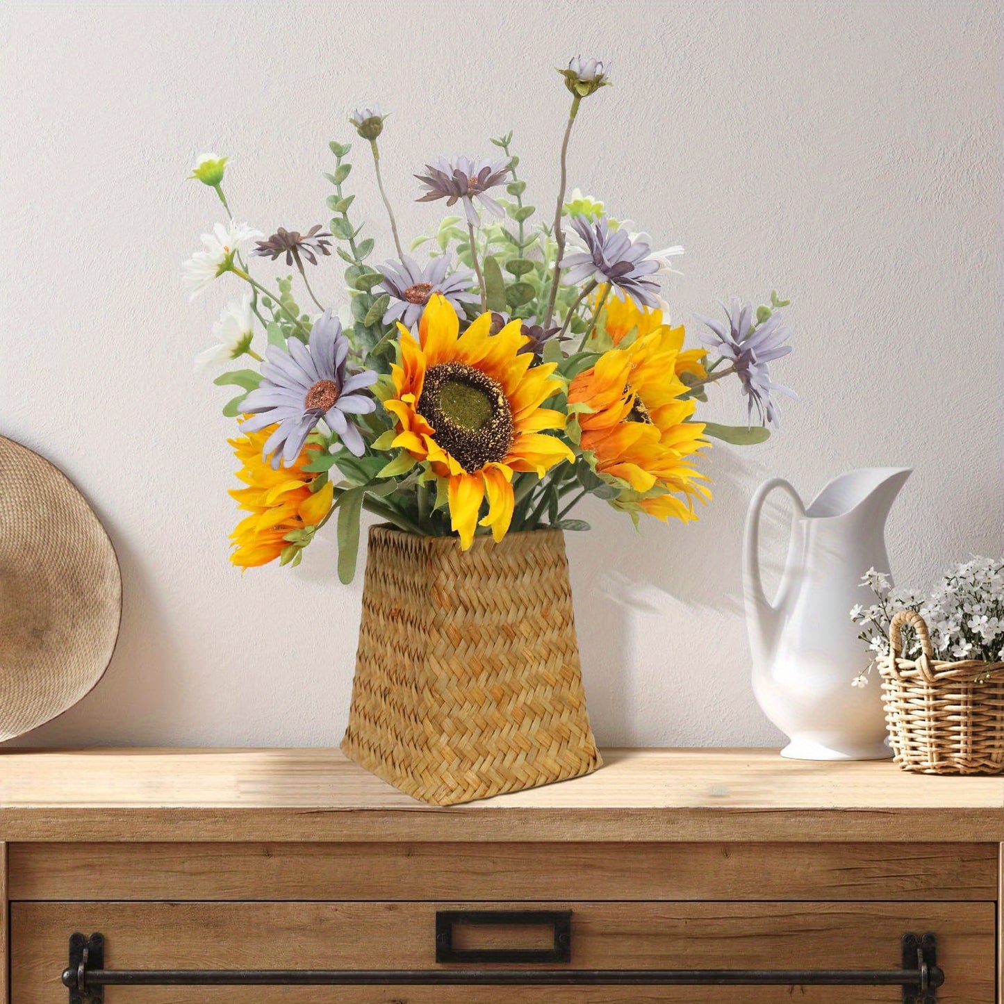 Leftover Fake Sunflowers in Wicker Vase, Sunflowers Artificial Flowers in Vase, Silk Fake Flowers with Vase, Table Centerpiece Decor, Faux Flowers Arrangement for Home Kitchen, Dining Living Room