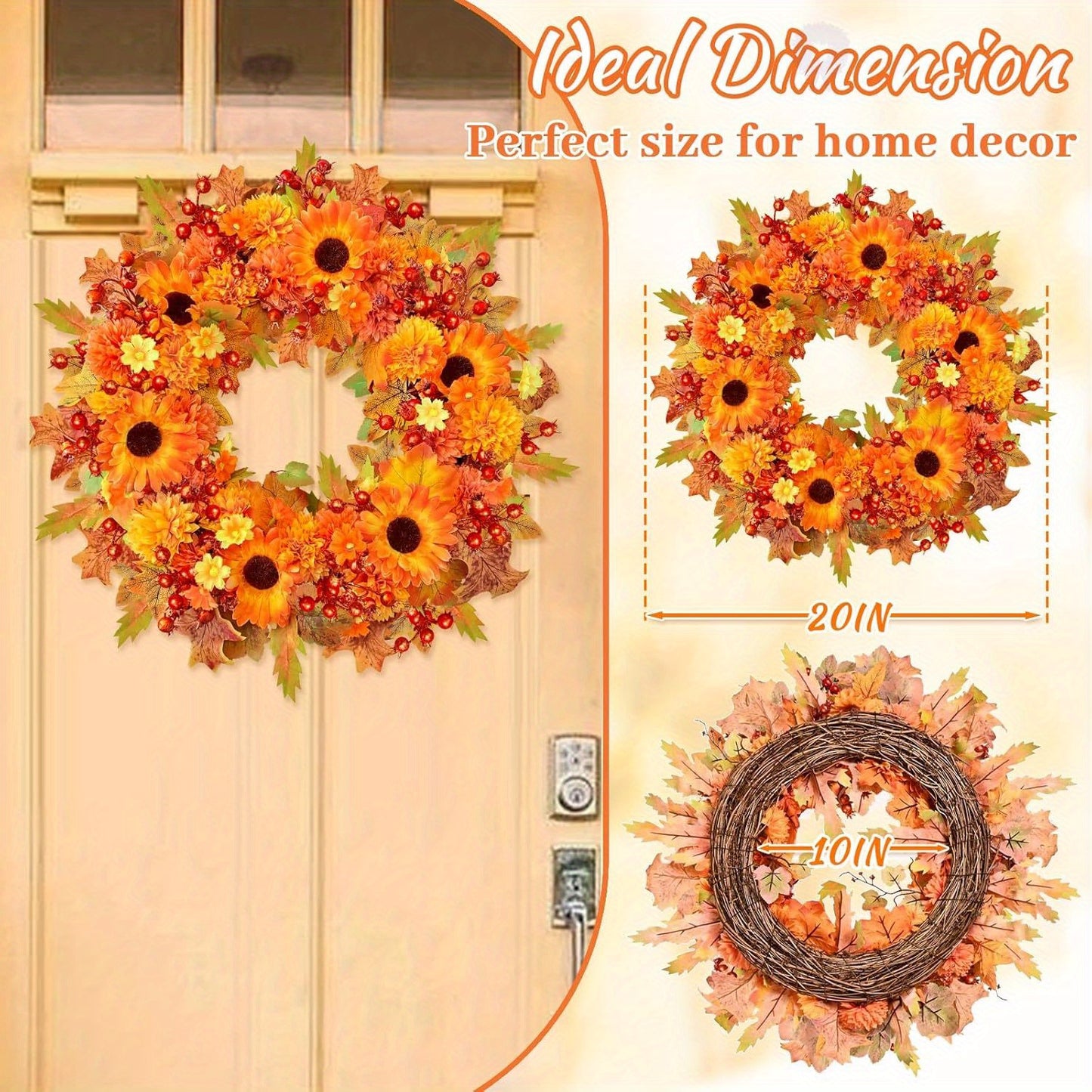 20" Silk Front Door Wreath with Lifelike Blooming Sunflowers, Marigolds, Daisies, Berries & Maple Leaves, and Lights for Thanksgiving Home Decoration