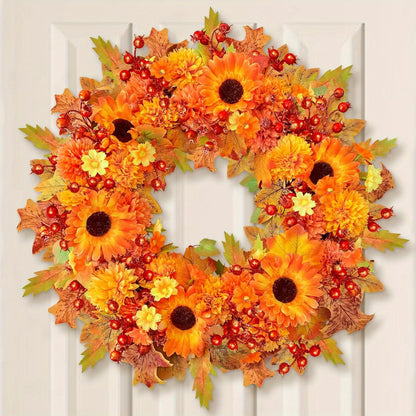 20" Silk Front Door Wreath with Lifelike Blooming Sunflowers, Marigolds, Daisies, Berries & Maple Leaves, and Lights for Thanksgiving Home Decoration