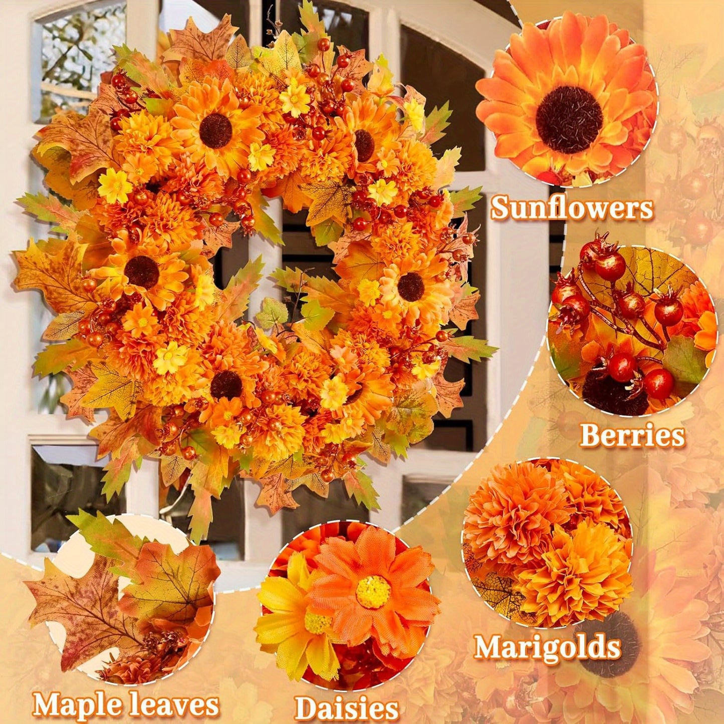 20" Silk Front Door Wreath with Lifelike Blooming Sunflowers, Marigolds, Daisies, Berries & Maple Leaves, and Lights for Thanksgiving Home Decoration