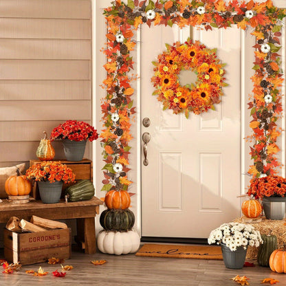 20" Silk Front Door Wreath with Lifelike Blooming Sunflowers, Marigolds, Daisies, Berries & Maple Leaves, and Lights for Thanksgiving Home Decoration